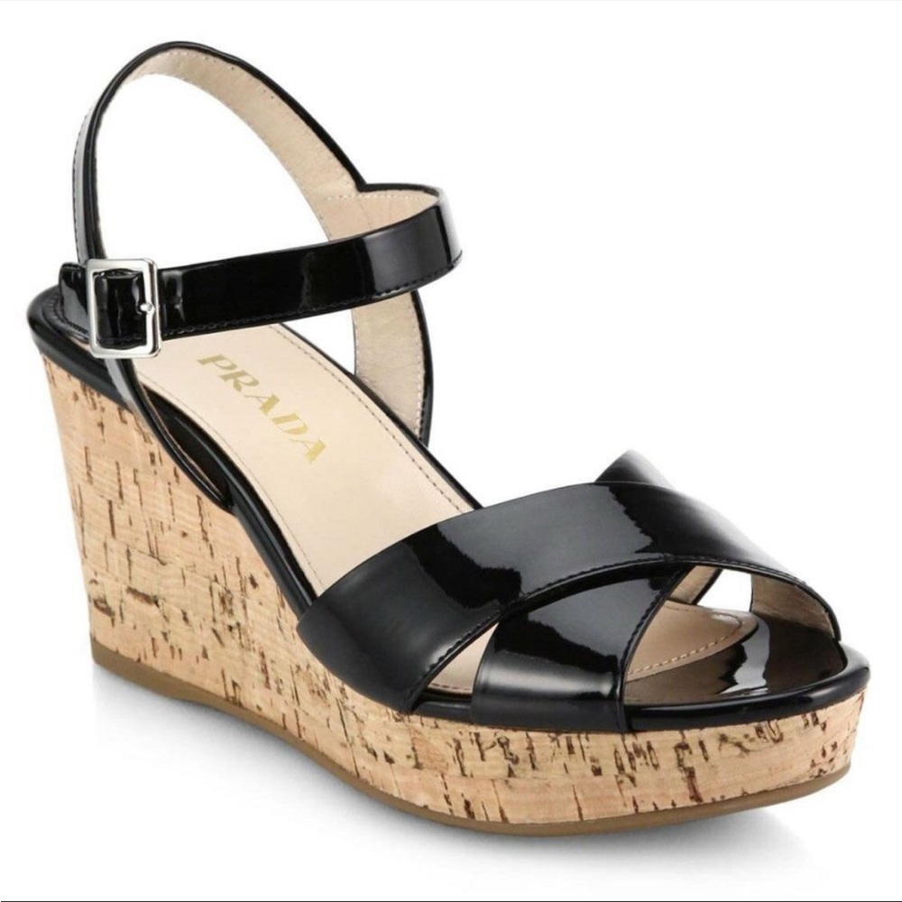 Prada Black Criss Cross Patent Cork Platform